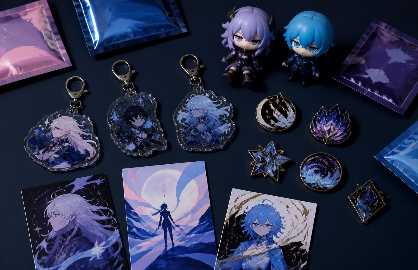 Conceptual Fankoi collectible product range: acrylic charms, enamel pins, art cards and figures