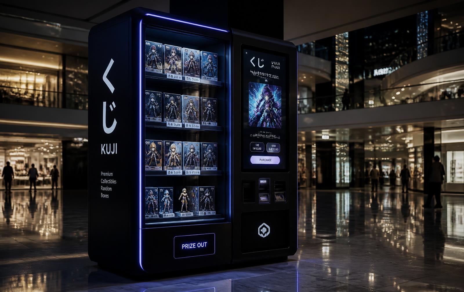 Fankoi Kuji collectible vending machine installed in a premium shopping mall atrium
